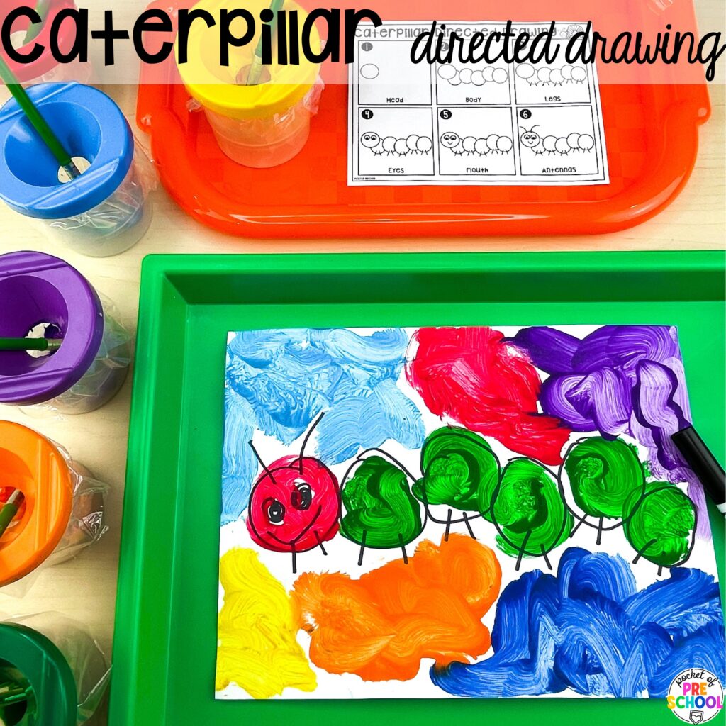 Caterpillar directed drawing plus more book buddies directed drawings and how to use them in your preschool, pre-k, and kindergarten classroom.