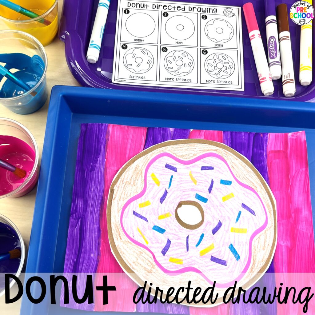 Donut directed drawing plus more themes directed drawings and how to use them in your preschool, pre-k, and kindergarten classroom.