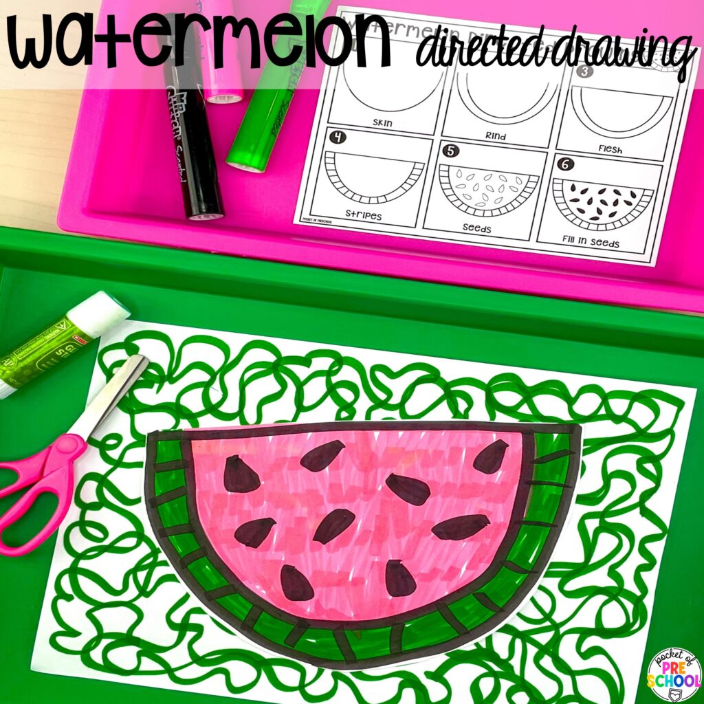 Watermelon directed drawing plus more summer directed drawings and how to use them in your preschool, pre-k, and kindergarten classroom.