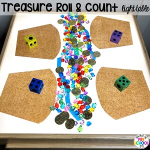 Treasure roll & count light table plus more summer light table activities for preschool, pre-k, and kindergarten students. Ideas for math, literacy, fine motor, and STEM.