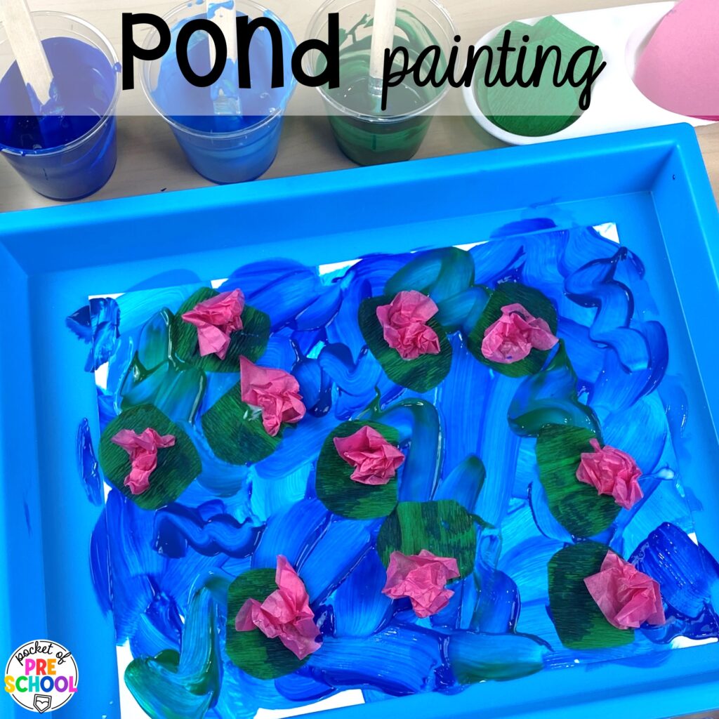 Pond painting plus more spring art activities to brighten your preschool, pre-k, and kindergarten rooms.