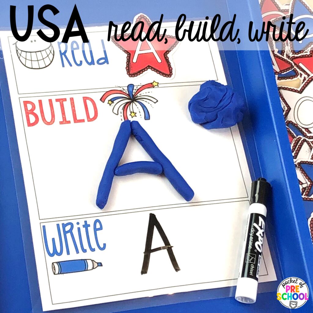 USA read, build, write mats plus more USA activities and centers for preschool, pre-k, and kindergarten students. These are perfect for President's Day, 4th of July, election time, or Veteran's Day.