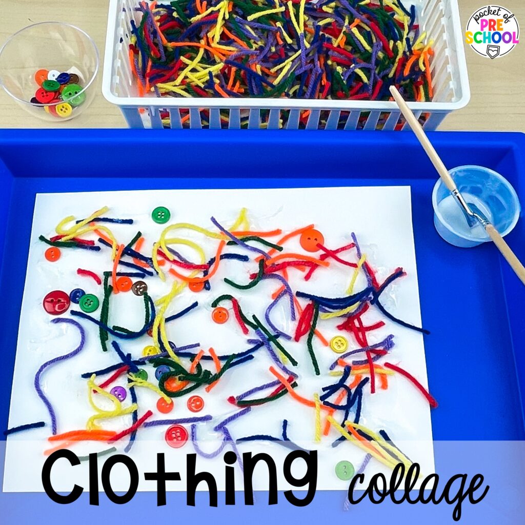 Clothing collage plus more clothing activities and centers for preschool, pre-k, and kindergarten students. This is a great theme for working on colors, patterns, sorting, and matching!