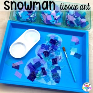 Snowman tissue paper art plus more winter art activities to occupy your preschool, pre-k, and kindergarten students during the long winter months.