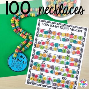 100 things necklaces plus more 100th day activities for preschool, pre-k, and kindergarten students to count, explore, and practice numbers to 100.