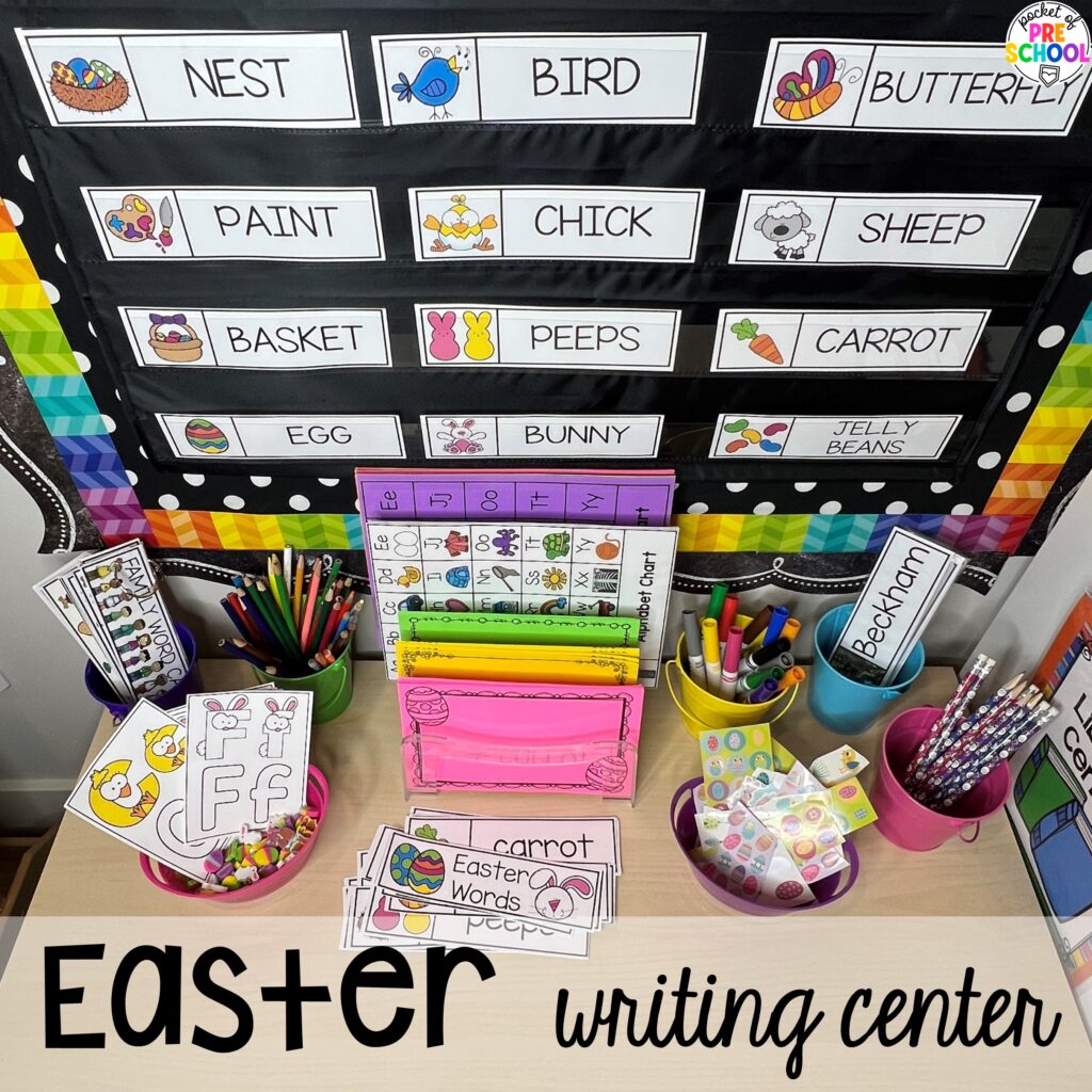 Easter writing center plus more Easter-themed centers and activities that are sure to egg-cite your preschool, pre-k, and kindergarten students!