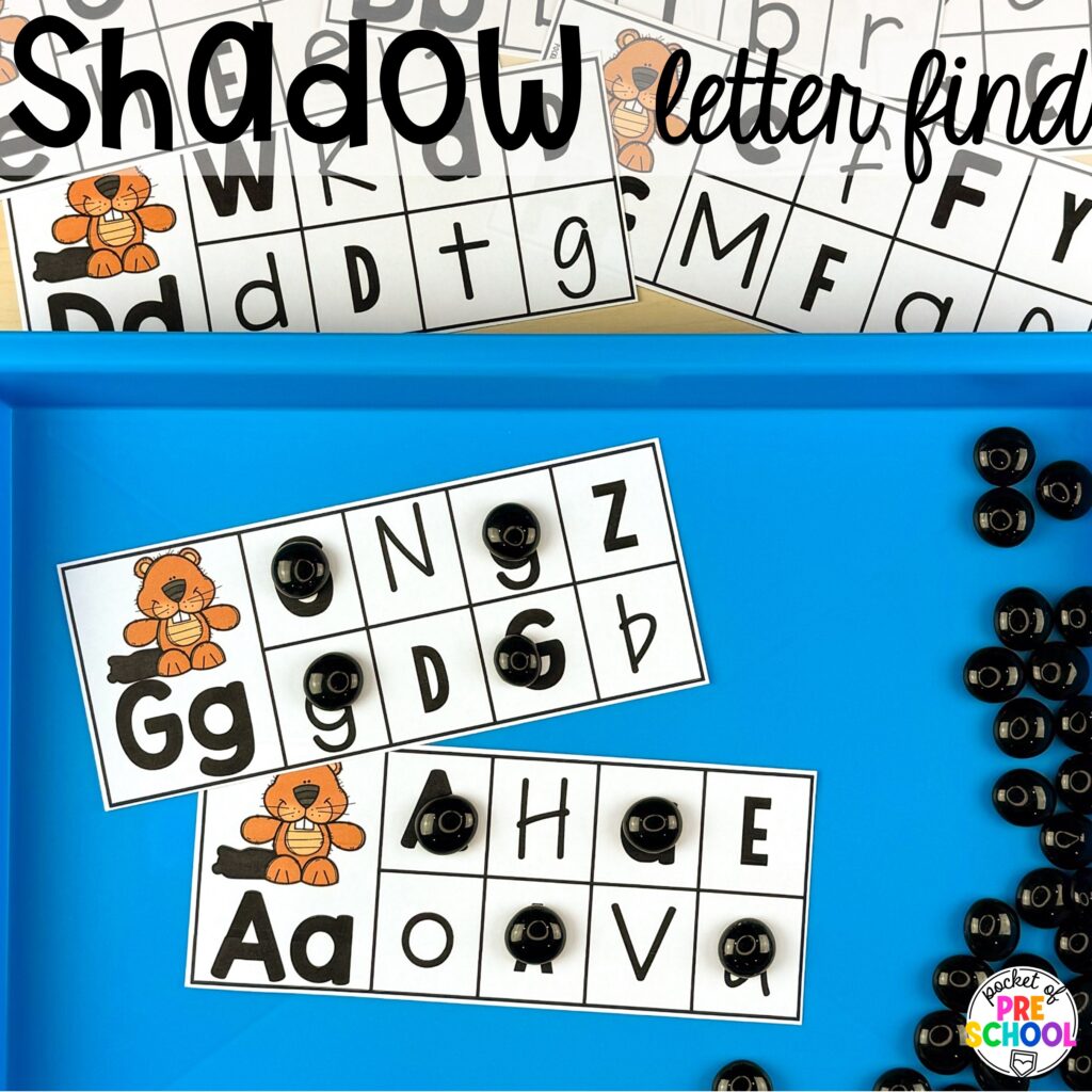 Shadow letter find plus more Groundhog Day Activities and Centers for math, literacy, fine motor, science, and more for preschool, pre-k, and kindergarten students.