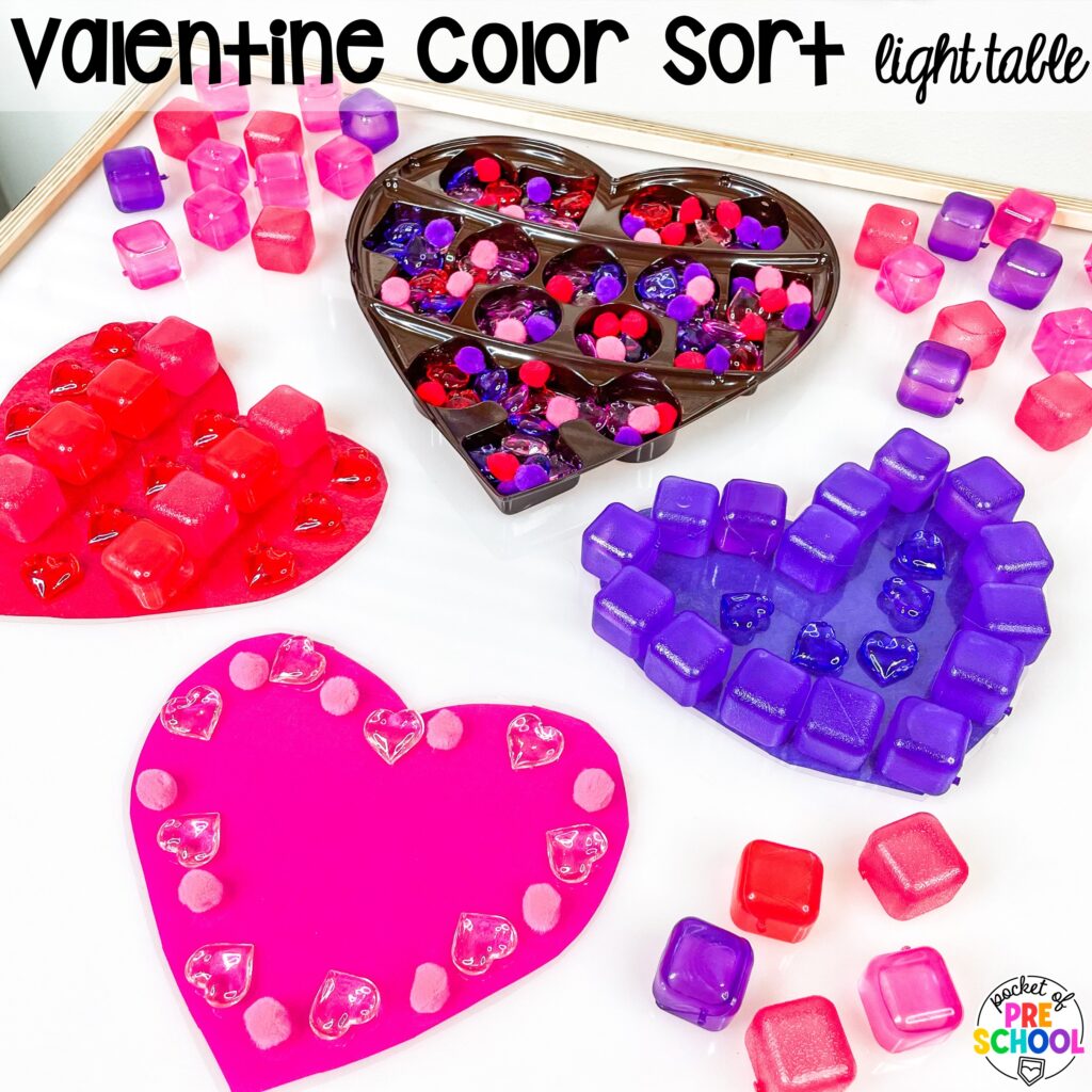 Valentine's color sort light table plus more winter light table activities for preschool, pre-k, and kindergarten students to learn on the light table.