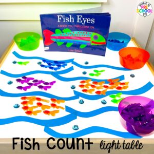 Fish count light table plus more summer light table activities for preschool, pre-k, and kindergarten students. Ideas for math, literacy, fine motor, and STEM.