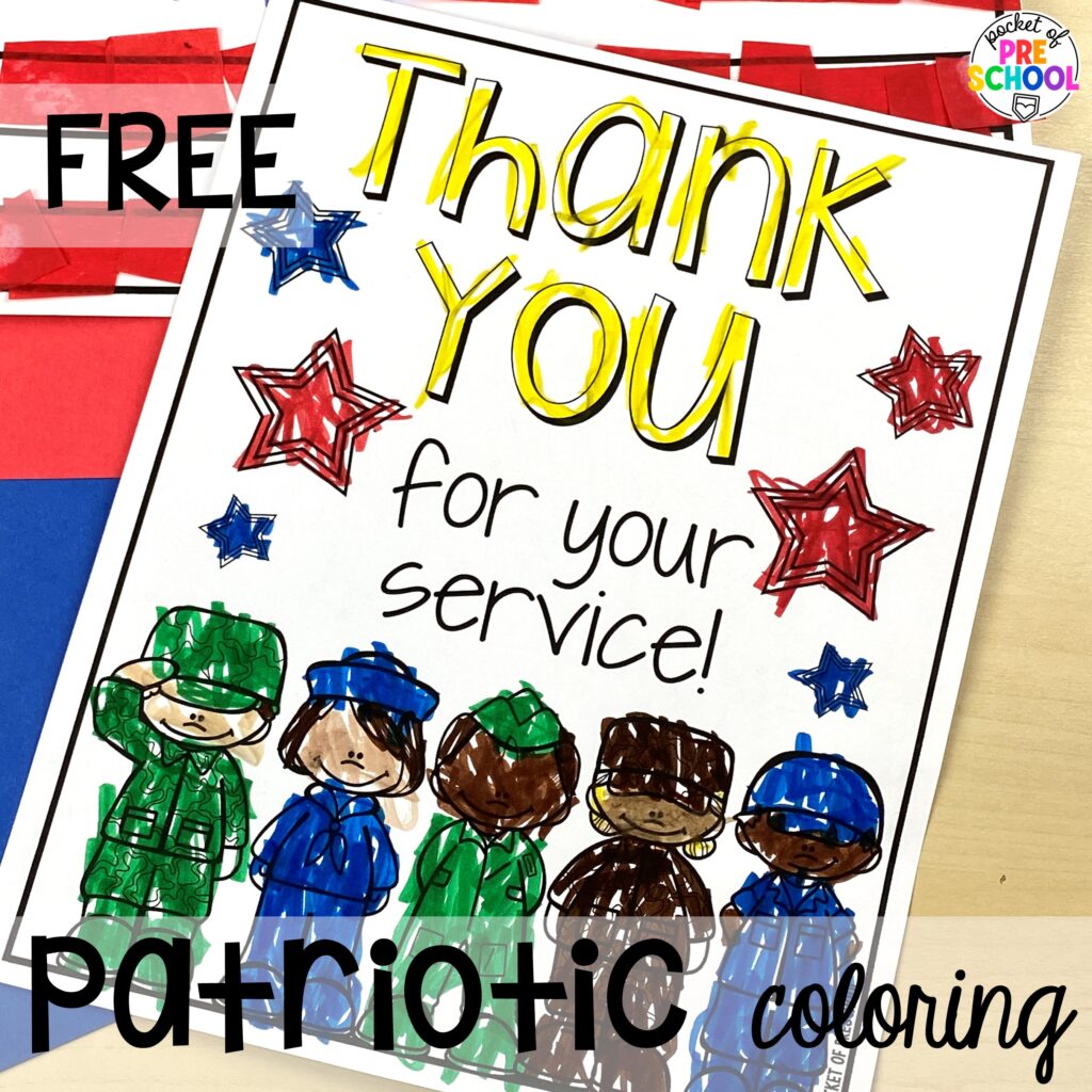 Patriotic coloring plus more USA activities and centers for preschool, pre-k, and kindergarten students. These are perfect for President's Day, 4th of July, election time, or Veteran's Day.