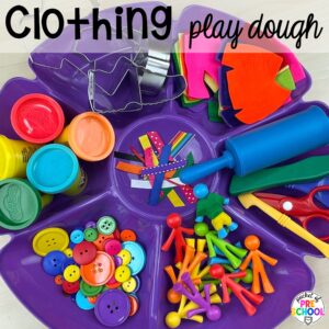 Clothing play dough tray plus more clothing activities and centers for preschool, pre-k, and kindergarten students. This is a great theme for working on colors, patterns, sorting, and matching!