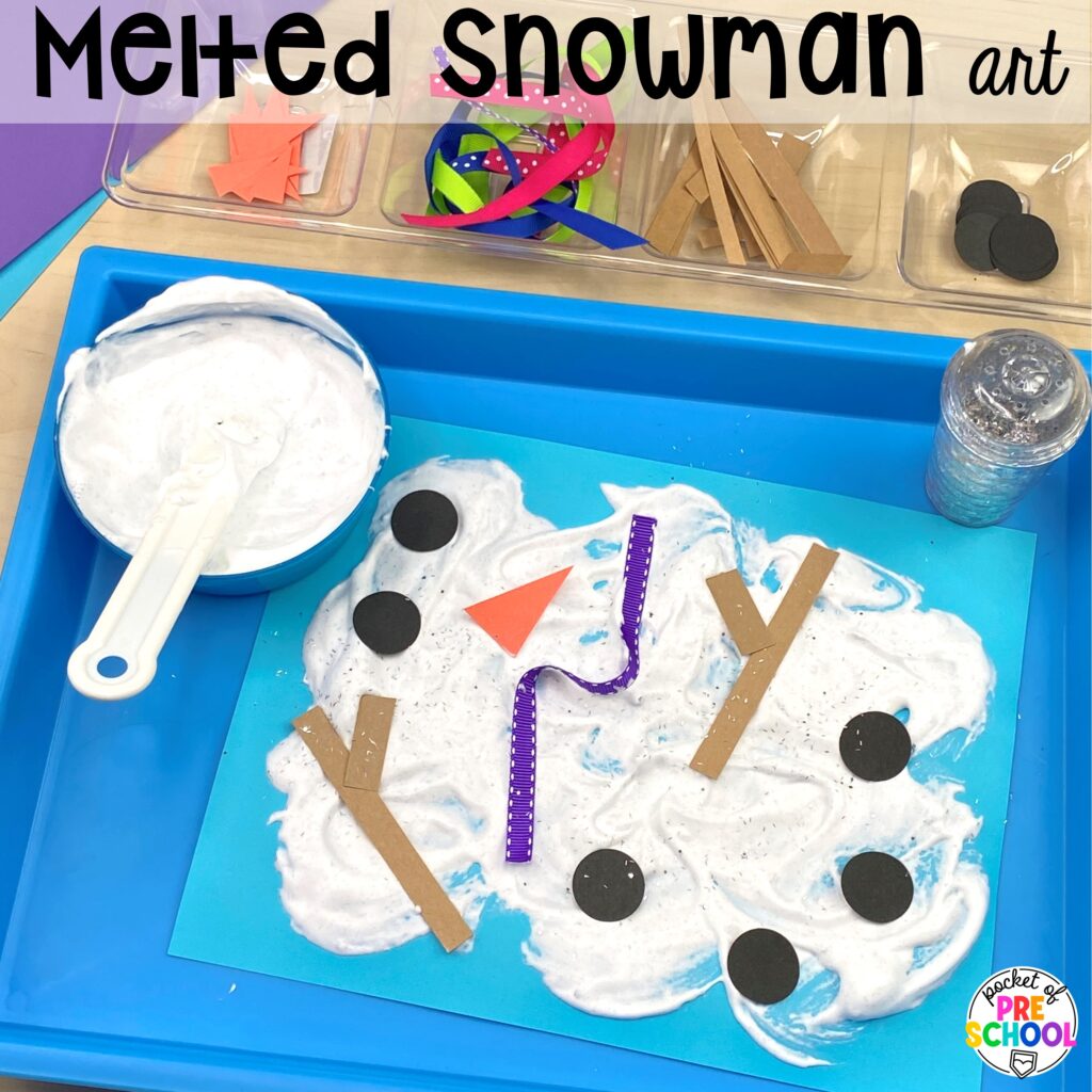 Melted snowman art plus more winter art activities to occupy your preschool, pre-k, and kindergarten students during the long winter months.