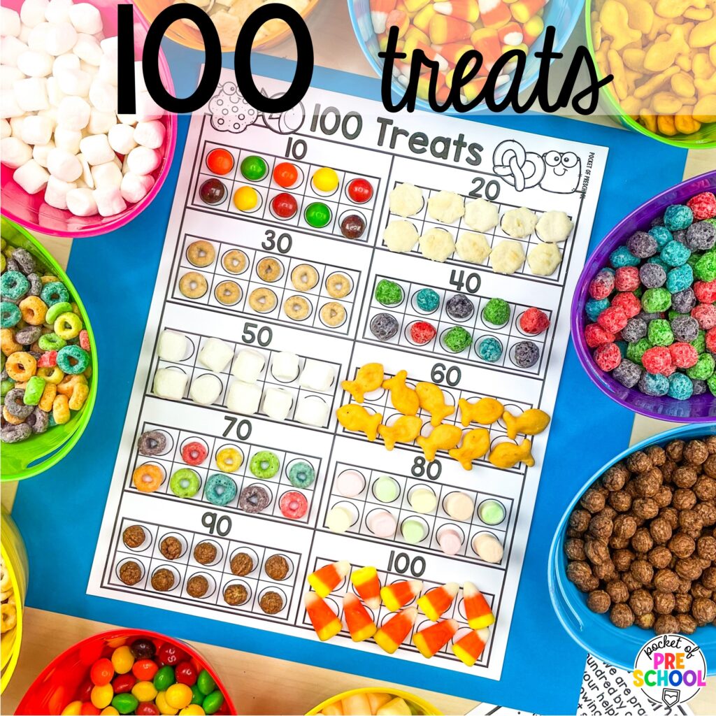 100 treats plus more 100th day activities for preschool, pre-k, and kindergarten students to count, explore, and practice numbers to 100.