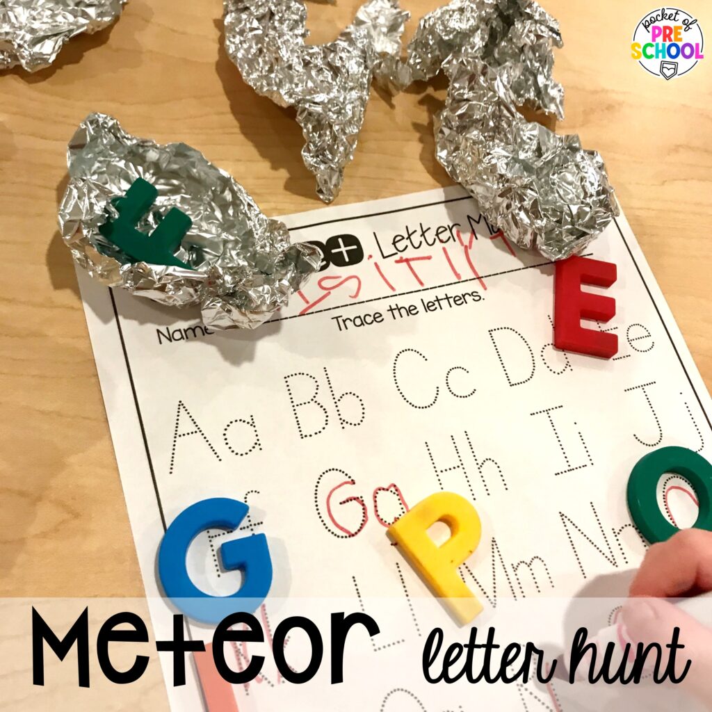 Meteor letter hunt and more space activities and center ideas for preschool, pre-k, and kindergarten to blast off their learning potential!