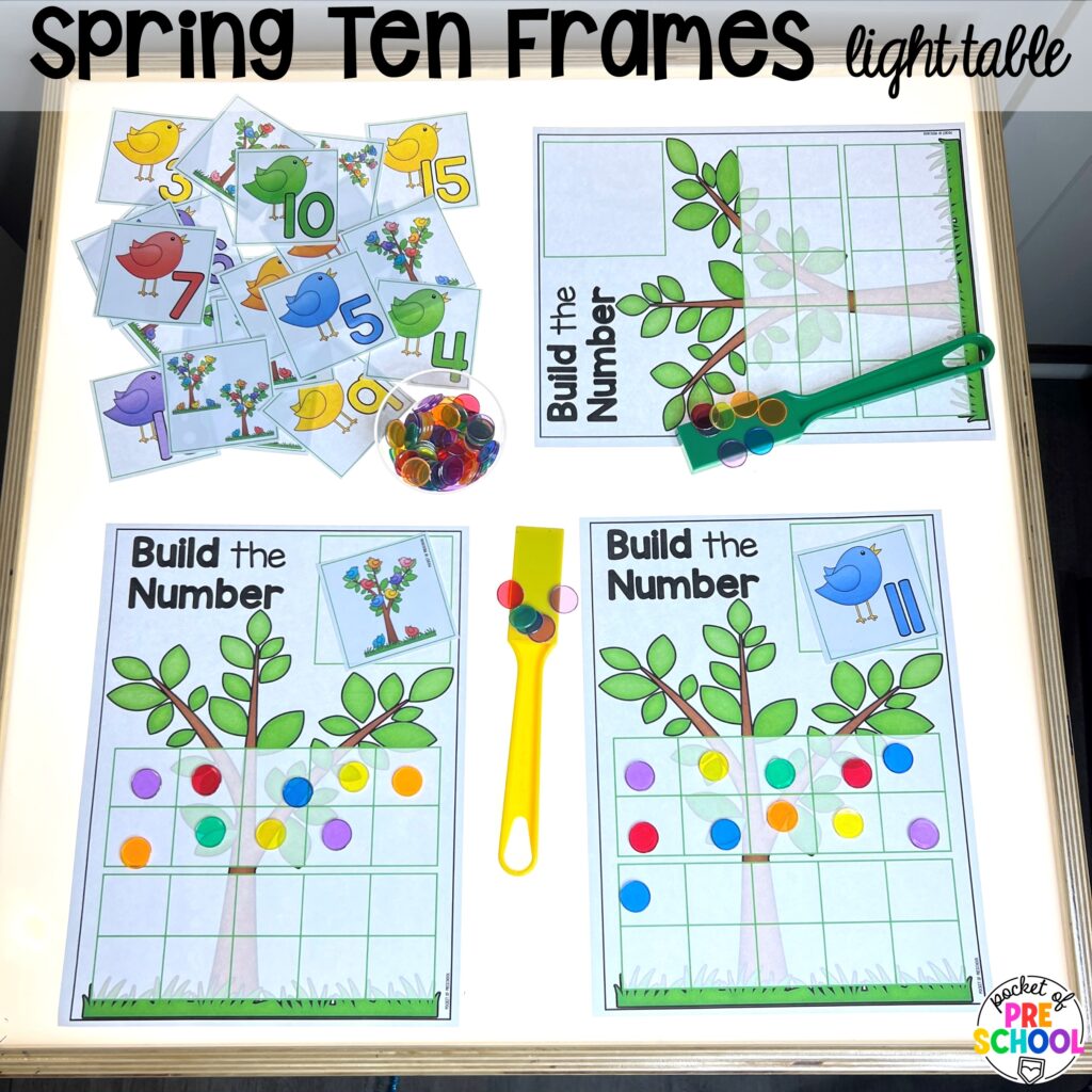 Spring ten frames plus more spring light table activities for preschool, pre-k, and kindergarten students to have fun and learn at the light table.