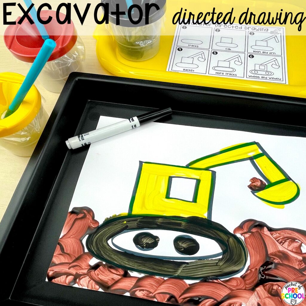 Excavator directed drawing plus more about transportation directed drawings and how to use them in your preschool, pre-k, and kindergarten classroom.