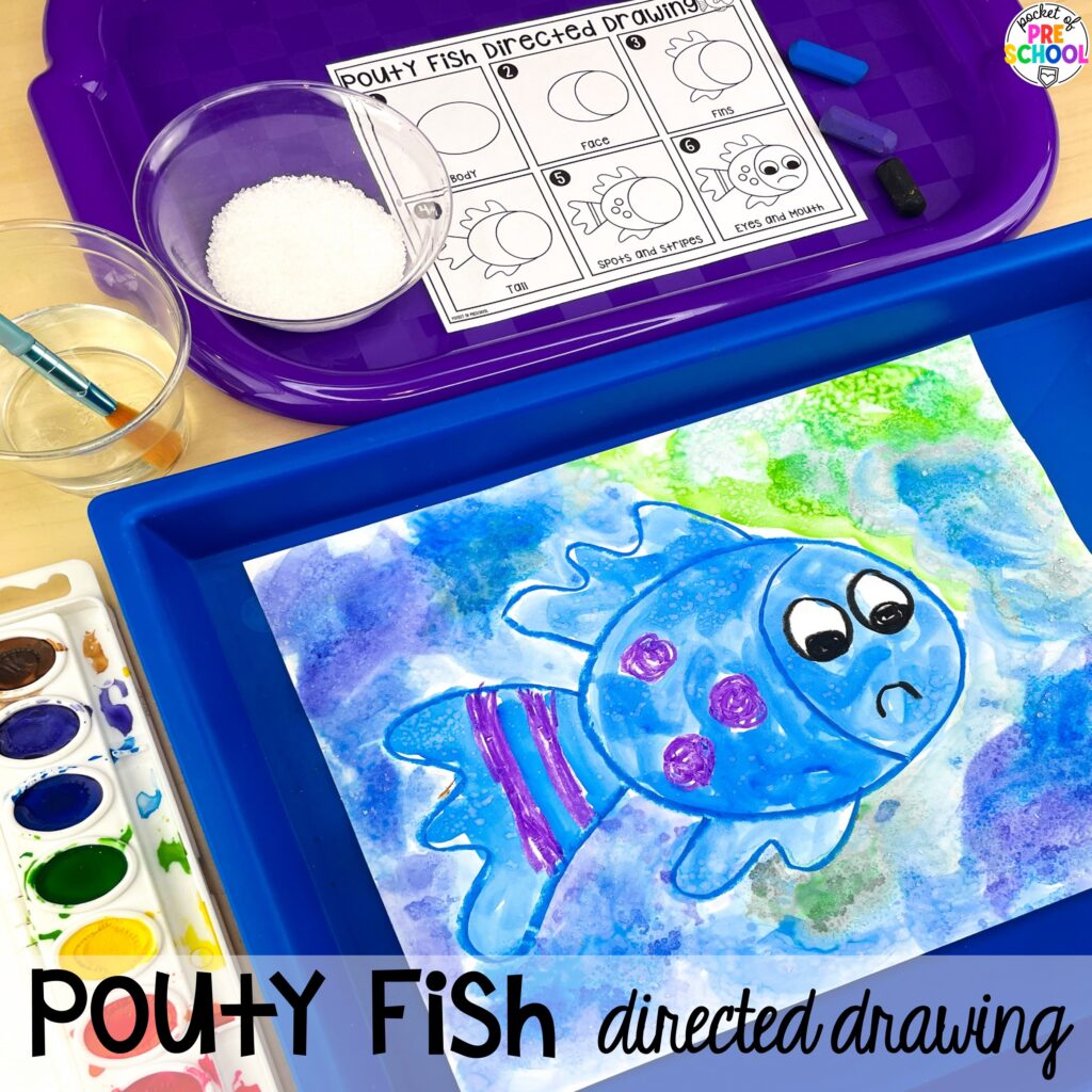 Pouty fish directed drawing plus more book buddies directed drawings and how to use them in your preschool, pre-k, and kindergarten classroom.