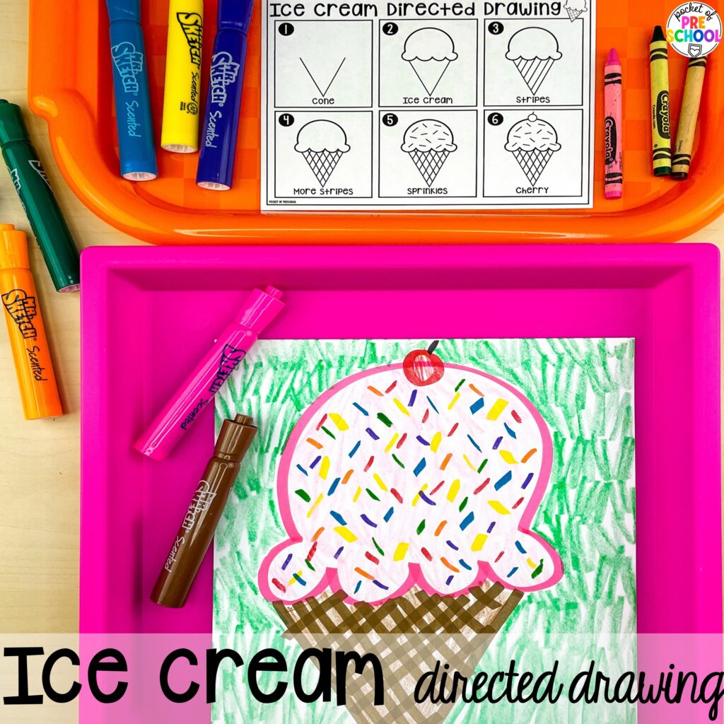 Ice cream directed drawing plus more summer directed drawings and how to use them in your preschool, pre-k, and kindergarten classroom.