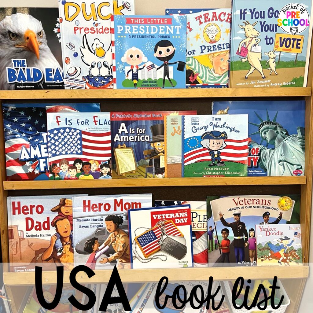 USA book list plus more USA activities and centers for preschool, pre-k, and kindergarten students. These are perfect for President's Day, 4th of July, election time, or Veteran's Day.