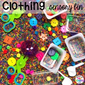 Clothing sensory bin plus more clothing activities and centers for preschool, pre-k, and kindergarten students. This is a great theme for working on colors, patterns, sorting, and matching!