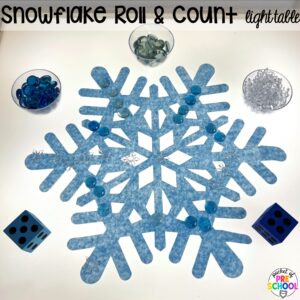 Snowflake roll & count light table plus more winter light table activities for preschool, pre-k, and kindergarten students to learn on the light table.