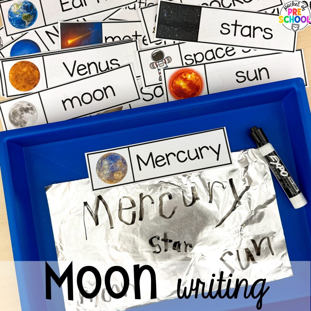Moon writing and more space activities and center ideas for preschool, pre-k, and kindergarten to blast off their learning potential!
