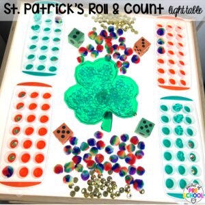 St. Patrick's roll & count plus more spring light table activities for preschool, pre-k, and kindergarten students to have fun and learn at the light table.