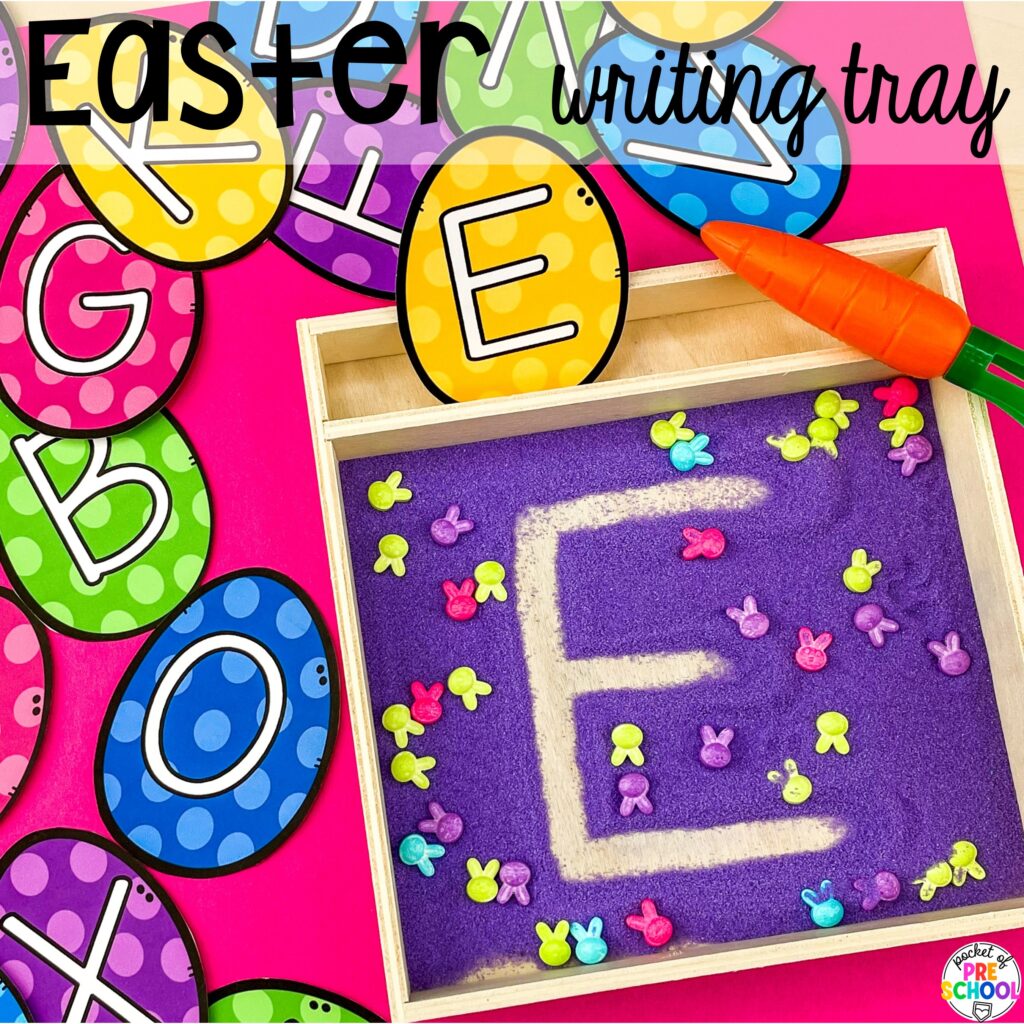 Easter writing tray plus more Easter-themed centers and activities that are sure to egg-cite your preschool, pre-k, and kindergarten students!