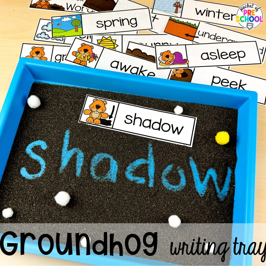 Groundhog writing tray plus more Groundhog Day Activities and Centers for math, literacy, fine motor, science, and more for preschool, pre-k, and kindergarten students.