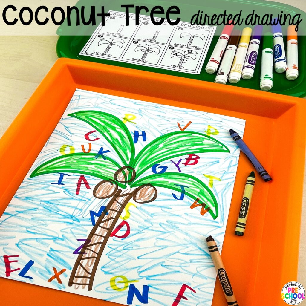 Coconut tree directed drawing plus more book buddies directed drawings and how to use them in your preschool, pre-k, and kindergarten classroom.