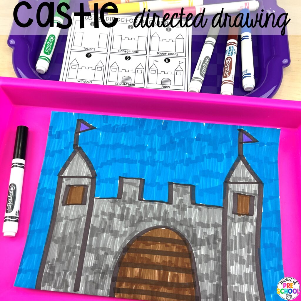Castle directed drawing plus more themes directed drawings and how to use them in your preschool, pre-k, and kindergarten classroom.