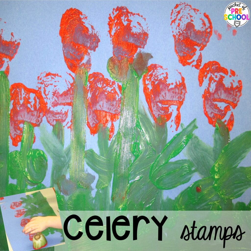 Celery stamps plus more spring art activities to brighten your preschool, pre-k, and kindergarten rooms.