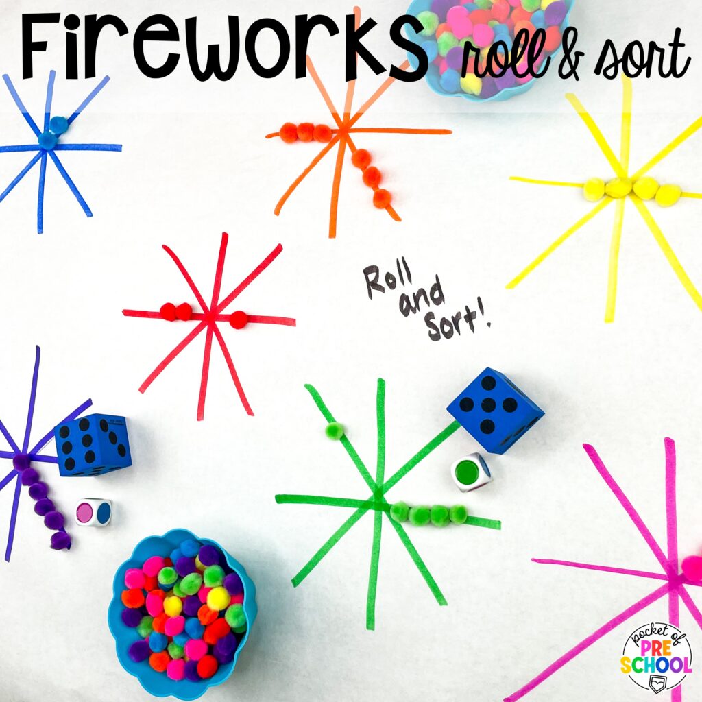 Fireworks roll & sort plus more USA activities and centers for preschool, pre-k, and kindergarten students. These are perfect for President's Day, 4th of July, election time, or Veteran's Day.