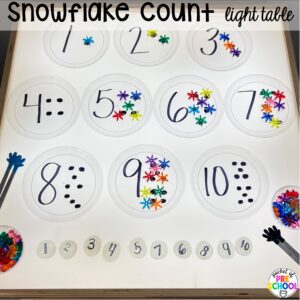 Snowflake counting light table plus more winter light table activities for preschool, pre-k, and kindergarten students to learn on the light table.