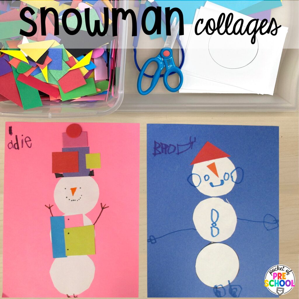 Snowman collages plus more winter process art activities to occupy your preschool, pre-k, and kindergarten students during the long winter months.