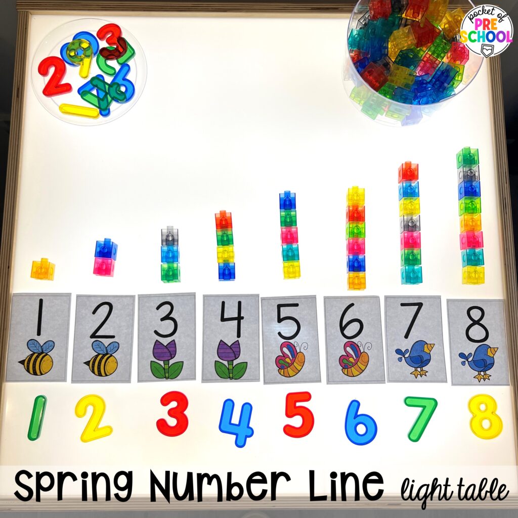 Spring number lines plus more spring light table activities for preschool, pre-k, and kindergarten students to have fun and learn at the light table.