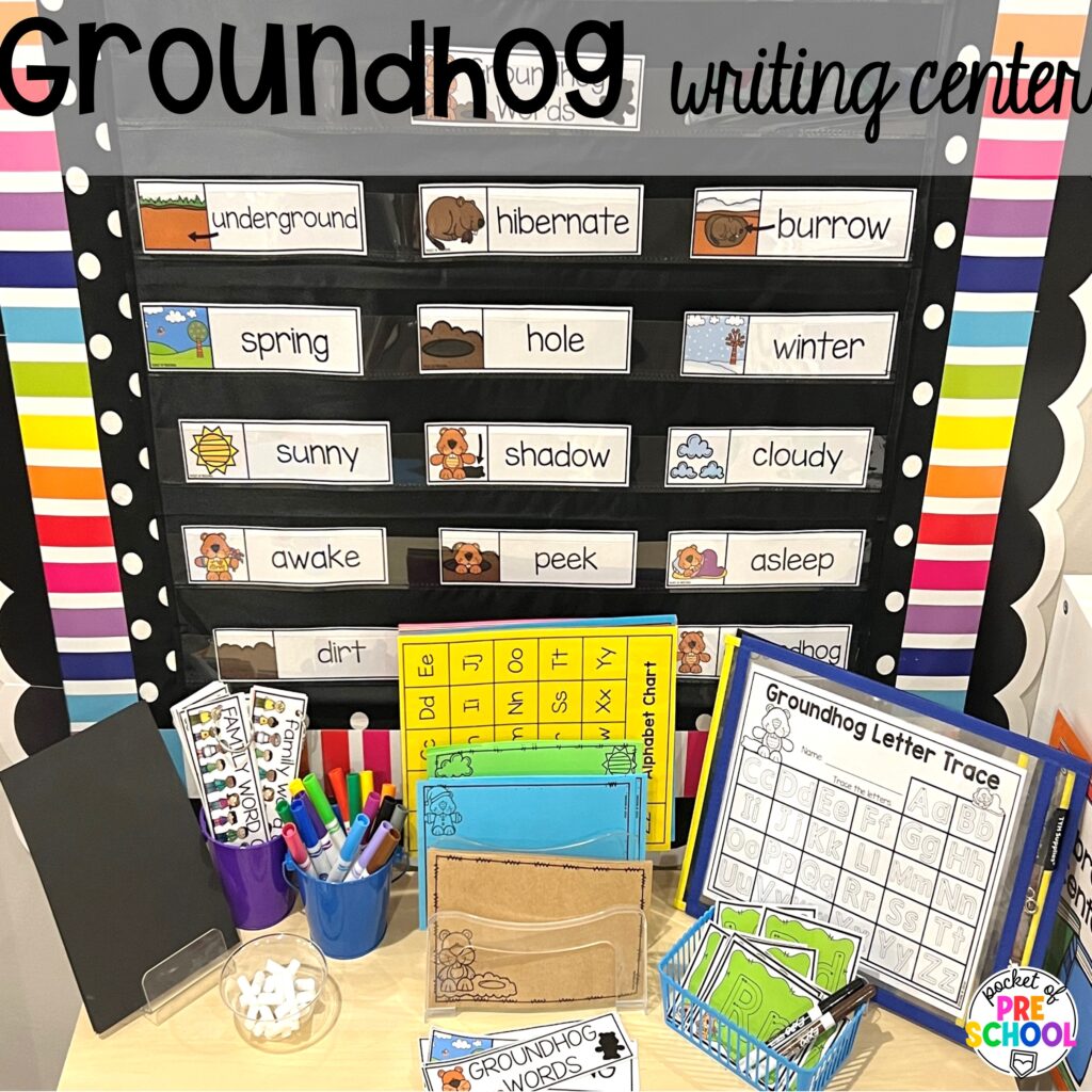 Groundhog writing center plus more Groundhog Day Activities and Centers for math, literacy, fine motor, science, and more for preschool, pre-k, and kindergarten students.