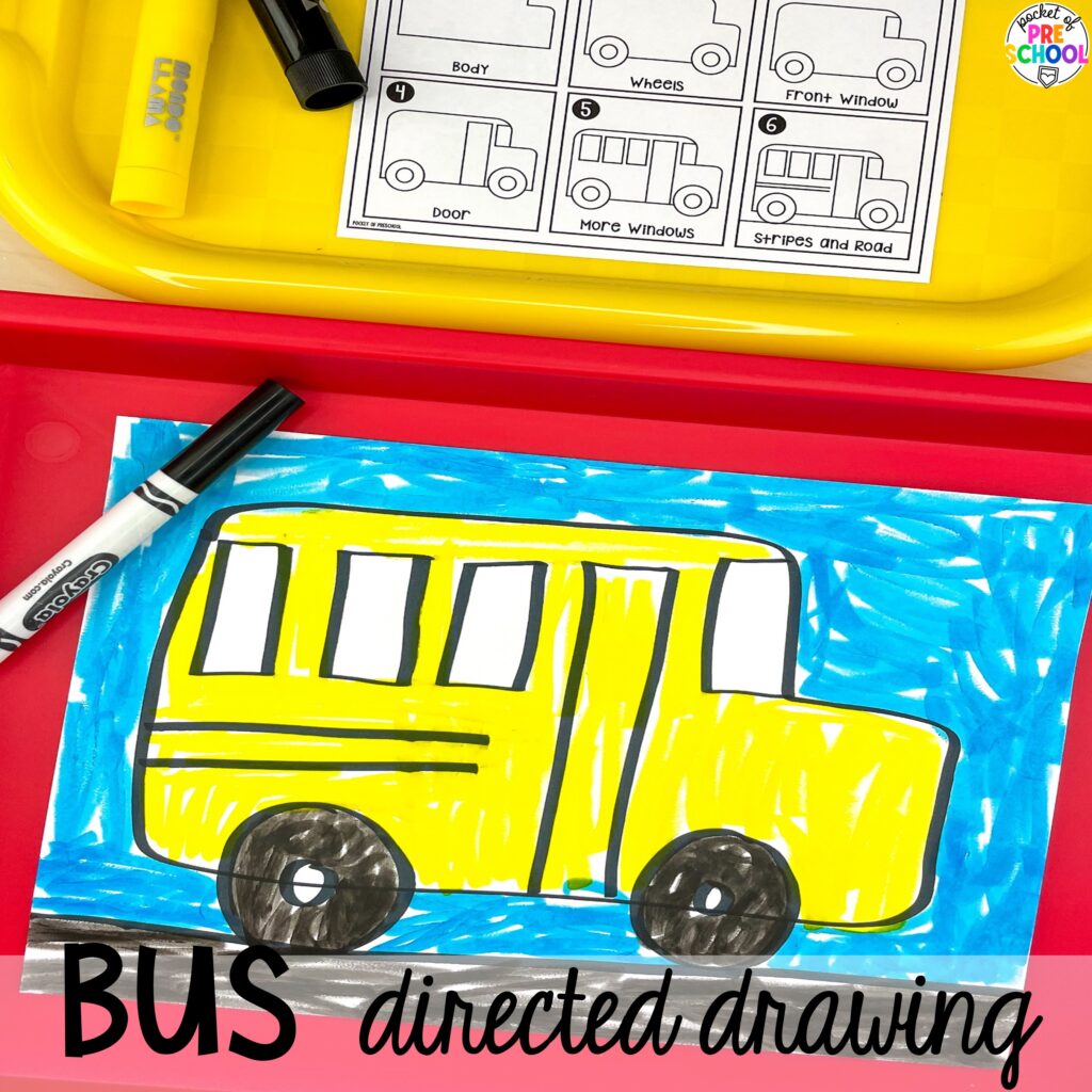 Bus directed drawing plus more about transportation directed drawings and how to use them in your preschool, pre-k, and kindergarten classroom.