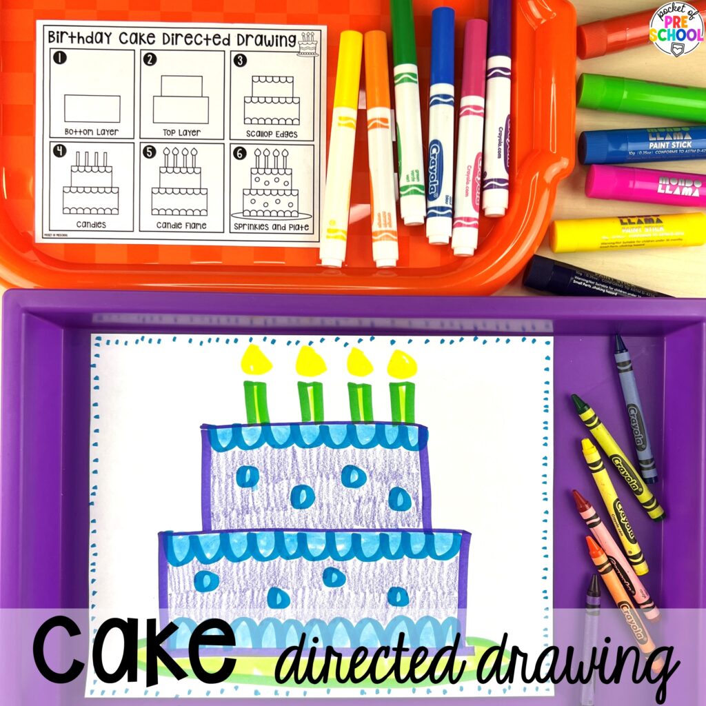 Cake directed drawing plus more themes directed drawings and how to use them in your preschool, pre-k, and kindergarten classroom.