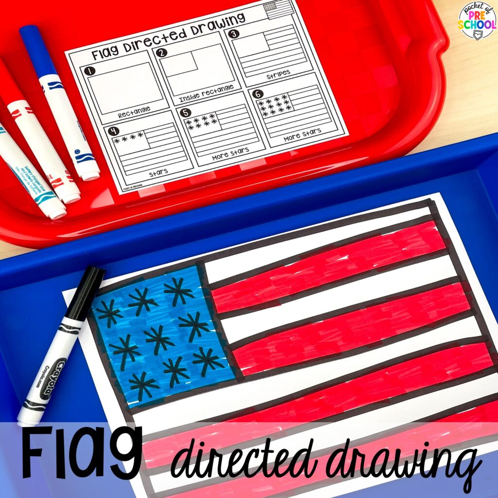 Flag directed drawing plus more summer directed drawings and how to use them in your preschool, pre-k, and kindergarten classroom.
