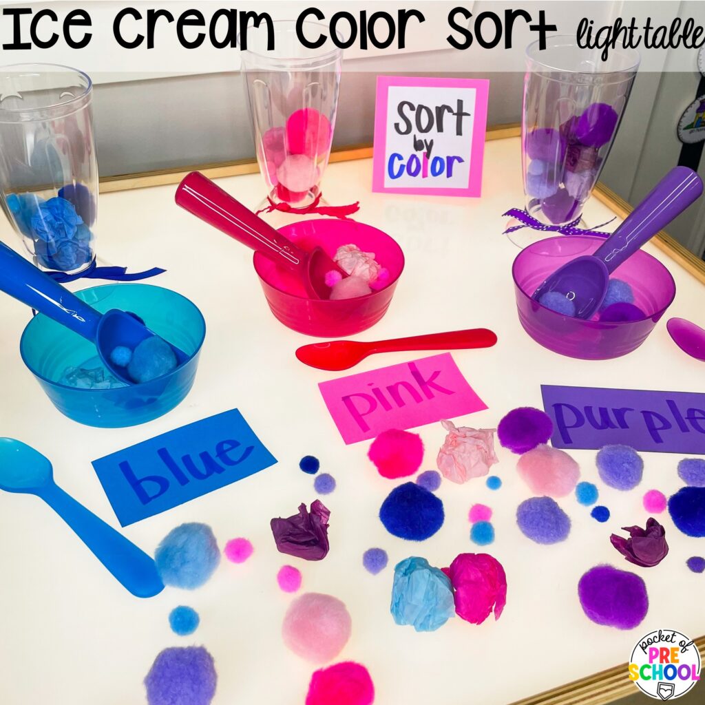 Ice cream color sort light table plus more summer light table activities for preschool, pre-k, and kindergarten students. Ideas for math, literacy, fine motor, and STEM.