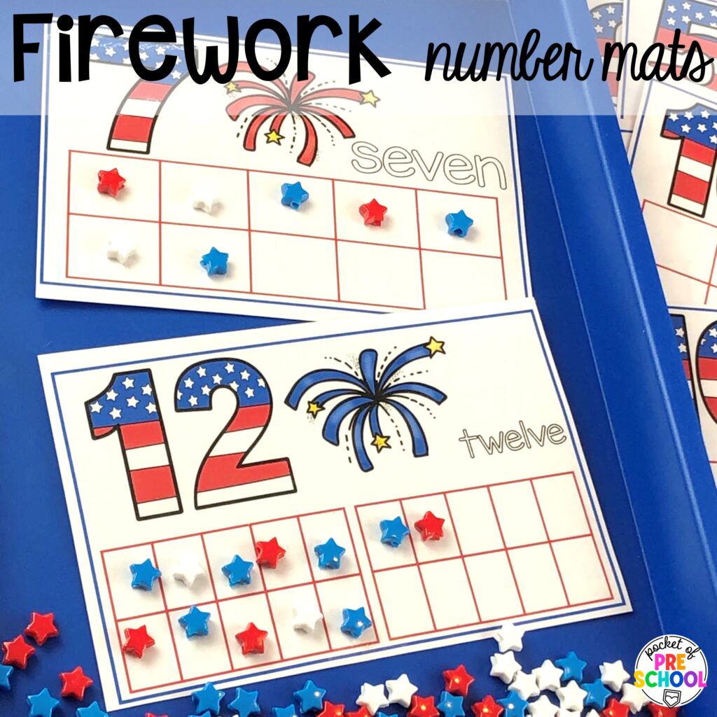 Firework number mats plus more USA activities and centers for preschool, pre-k, and kindergarten students. These are perfect for President's Day, 4th of July, election time, or Veteran's Day.