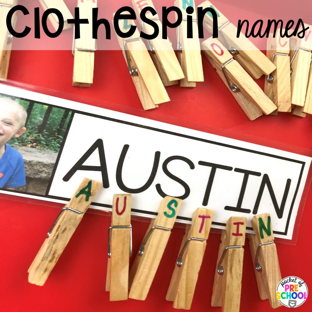 Clothespin names plus more clothing activities and centers for preschool, pre-k, and kindergarten students. This is a great theme for working on colors, patterns, sorting, and matching!