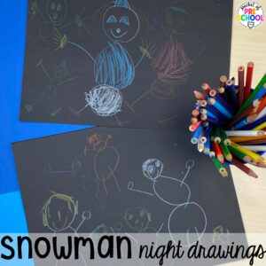 Snowman night drawings plus more winter art activities to occupy your preschool, pre-k, and kindergarten students during the long winter months.