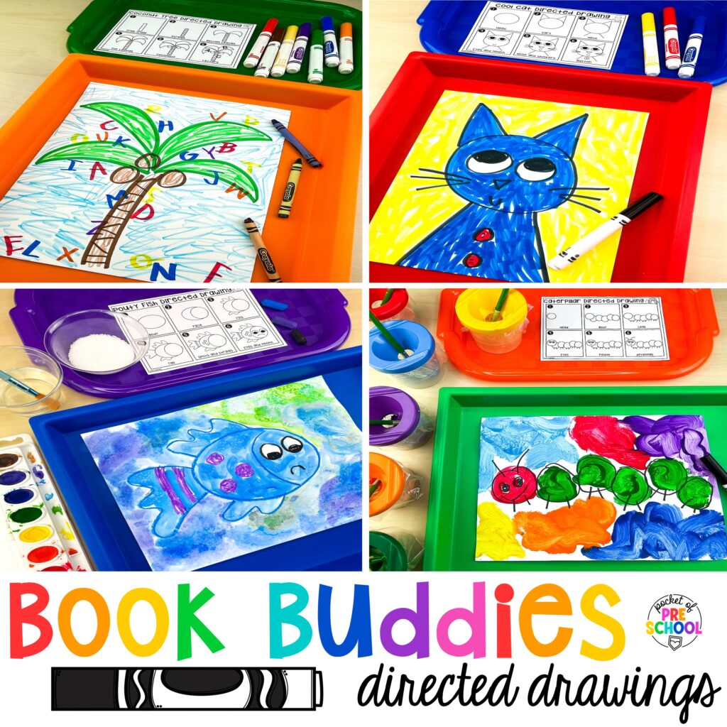 Book buddies directed drawings and how to use them in your preschool, pre-k, and kindergarten classroom.