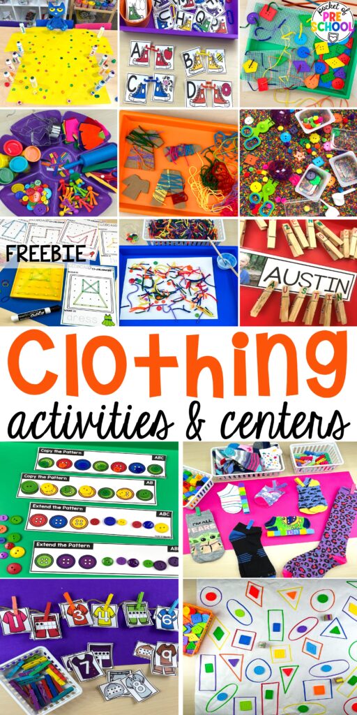 Clothing-themed activities and centers for preschool, pre-k, and kindergarten students. This is a great theme for working on colors, patterns, sorting, and matching!
