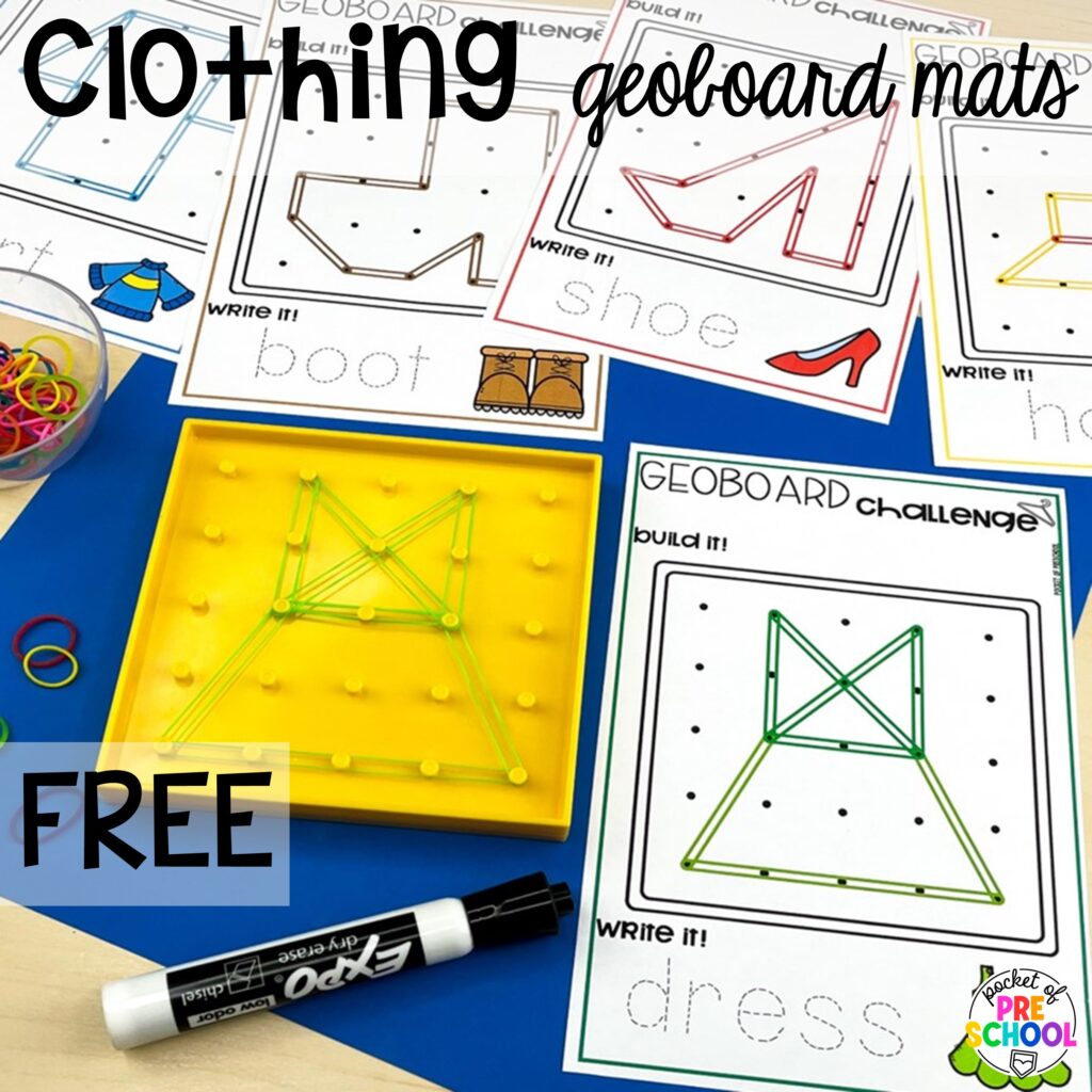 Clothing geoboard mats FREEBIE plus more clothing activities and centers for preschool, pre-k, and kindergarten students. This is a great theme for working on colors, patterns, sorting, and matching!