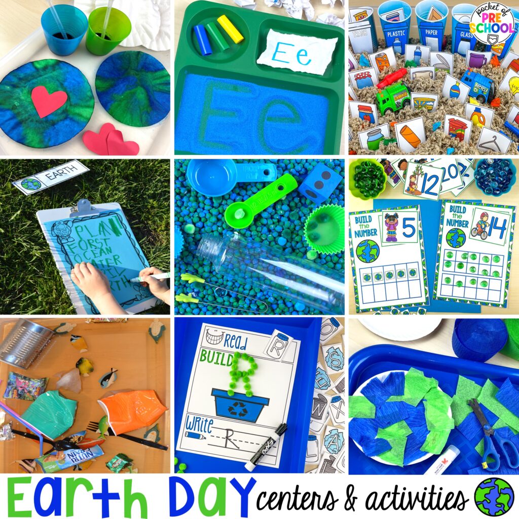 Earth Day activities and centers for preschool, pre-k, and kindergarten students to learn through play and creativity.