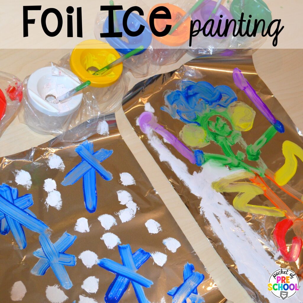 Foil ice painting plus more winter art activities to occupy your preschool, pre-k, and kindergarten students during the long winter months.