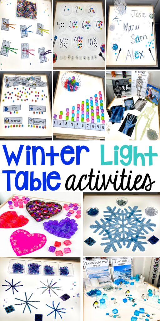 Winter light table activities for preschool, pre-k, and kindergarten students to learn on the light table.